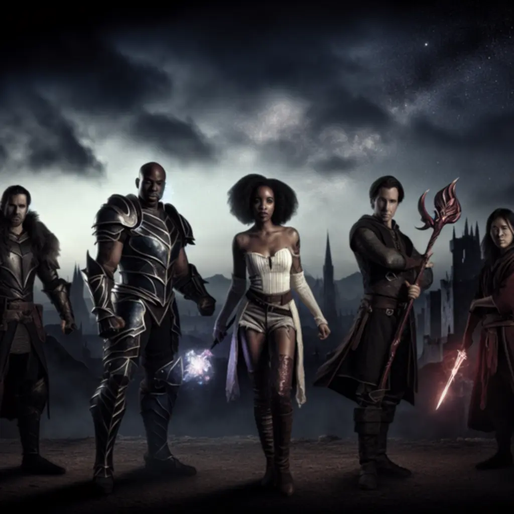Ciemna, klimatyczna grafika drużyny BG3 gotowej do walki.