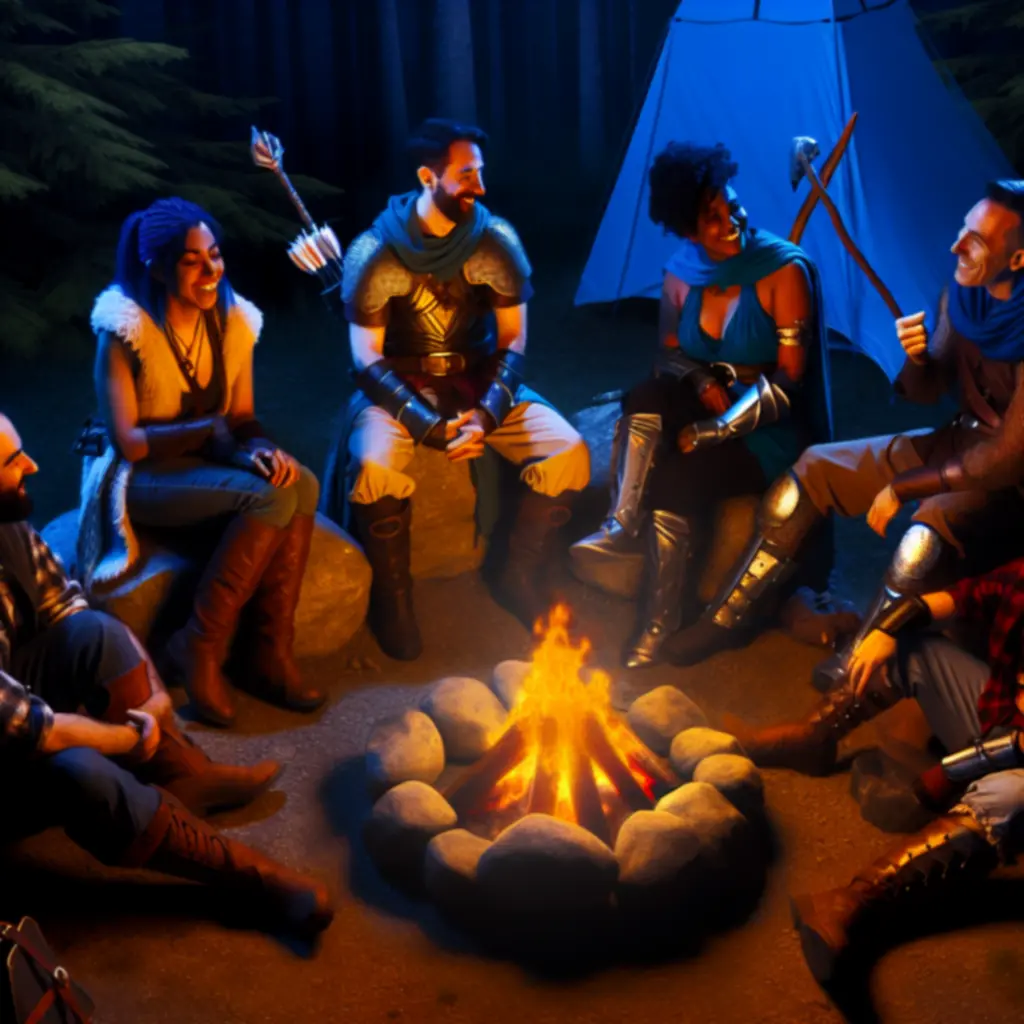 Grupa towarzyszy BG3 przy ognisku — różne rasy i klasy.