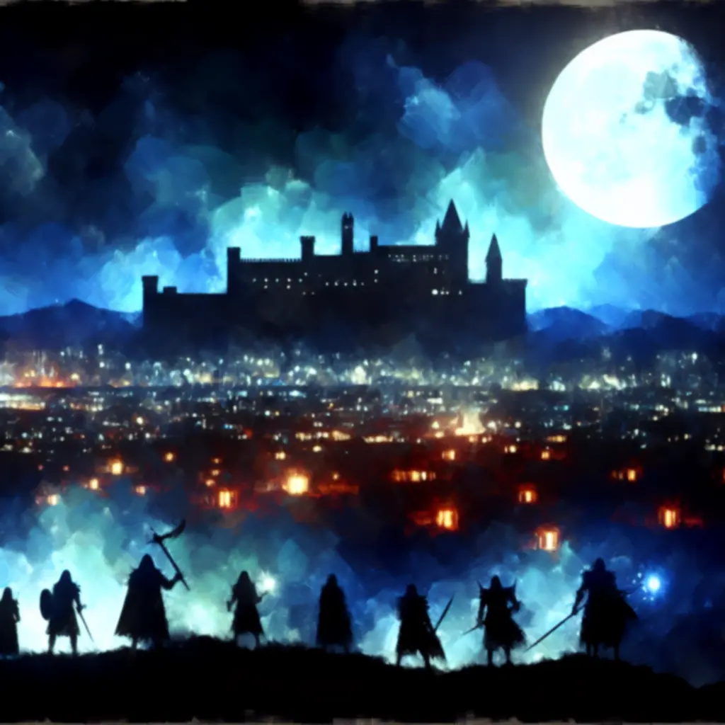 Kinowy, mroczny kadr z Baldur’s Gate 3: miasto w świetle księżyca i sylwetki bohaterów.