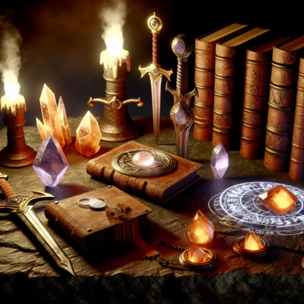 Zestaw legendarnych artefaktów: klingi z runami, kryształowe relikty i zaklęte księgi.