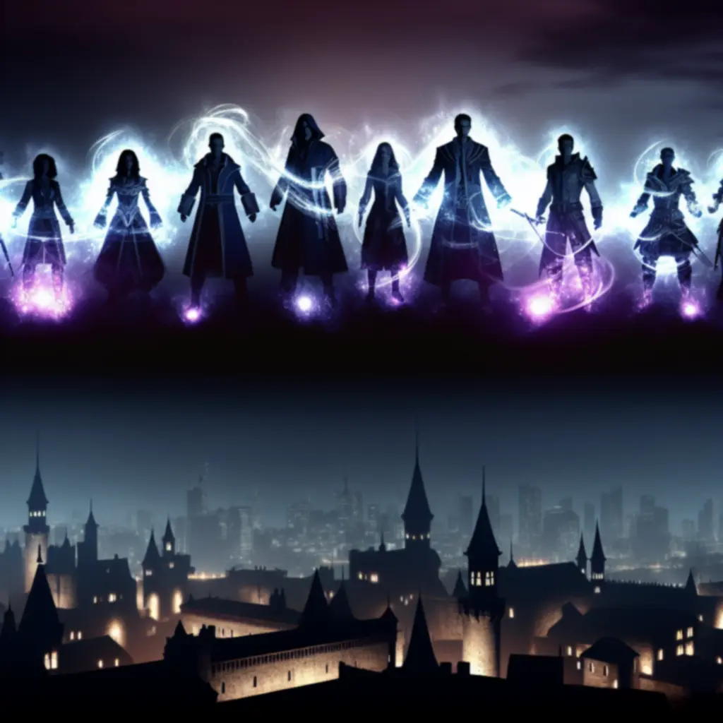 Ciemna, kinowa panorama Baldur’s Gate z bohaterami i jarzącą się magiczną energią.