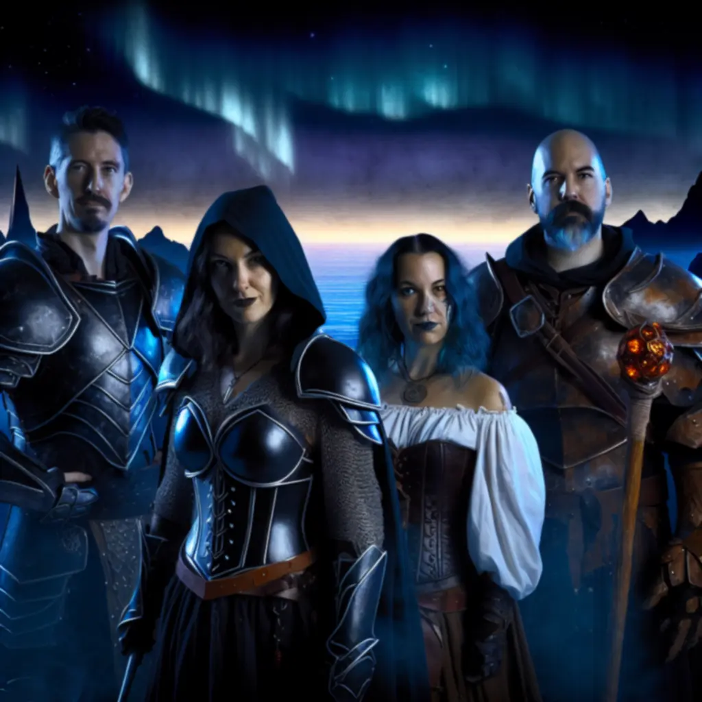 Drużyna BG3 na tle mrocznego krajobrazu z magiczną poświatą